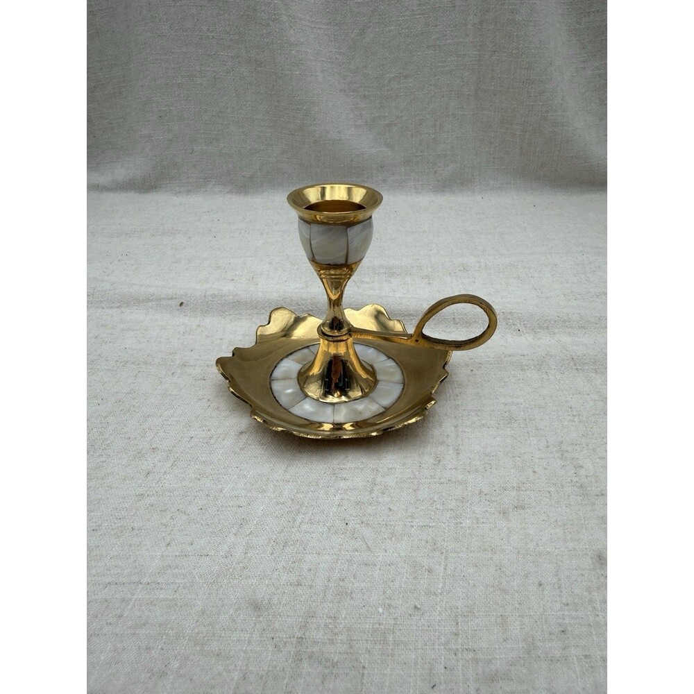 Brass Chamberstick Holder Mother of Pearl Inlay 3” Candle Holder Candlestick